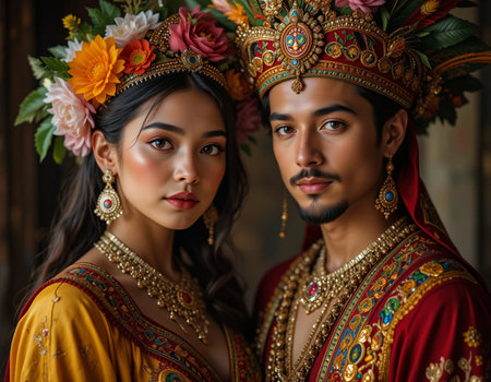 Portrait of Asian bride and groom in traditional thai wedding costumeの素材