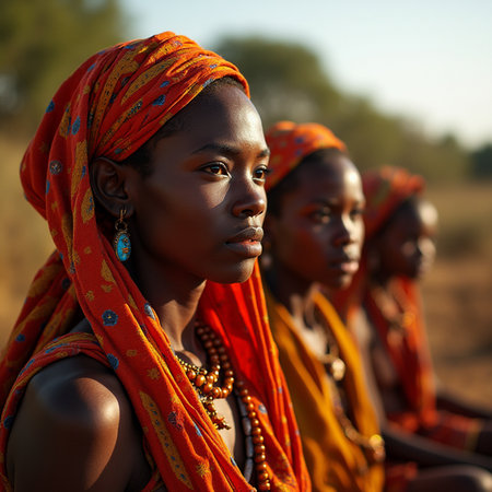 Portrait of three young African women in traditional clothes at sunset.の素材
