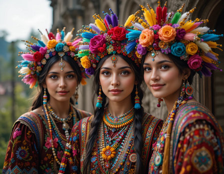 Unidentified Thai women wearing traditional costume at the annual flower festival in Bangkok, Thailand.の素材