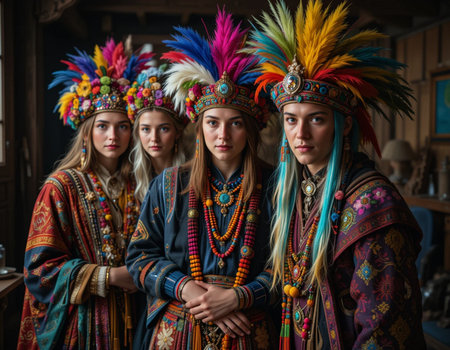 Portrait of three beautiful girls in ethnic costumes. Boho style.の素材