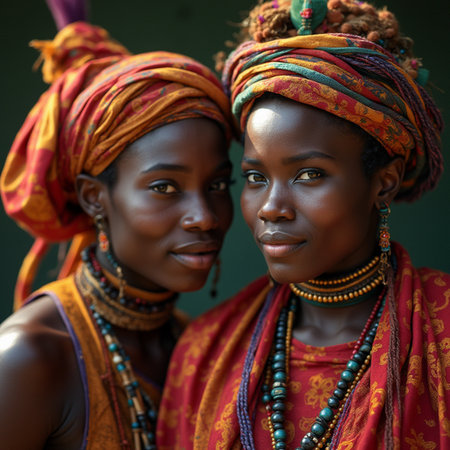 Portrait of two African women in traditional clothes. Shallow depth of field.の素材