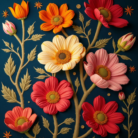 Flower composition on dark blue background. Flat lay, top viewの素材