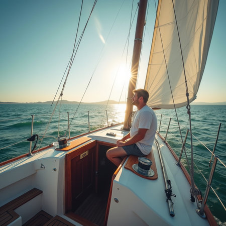 Man on board of a sailing yacht at sunset. Yachting concept.の素材