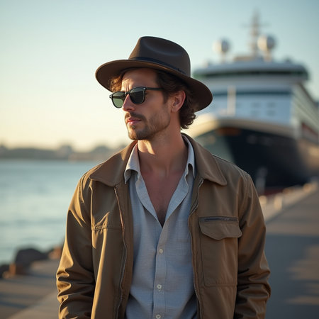 Handsome young man in hat and sunglasses standing near ship and looking awayの素材