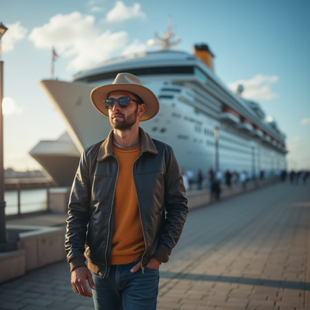 Portrait of handsome young man in hat and sunglasses standing on pier near cruise shipの素材