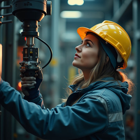 Beautiful young female engineer working in a factory. Industrial theme.の素材