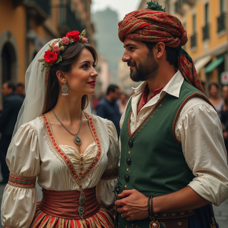 Beautiful young couple in traditional clothes on the streets of Rome, Italyの素材