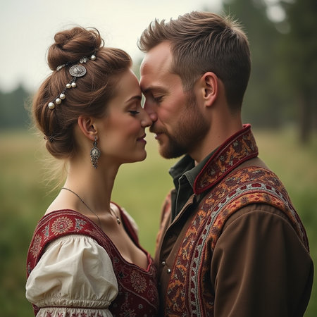 Young beautiful couple in traditional Russian clothes kissing in the field.の素材