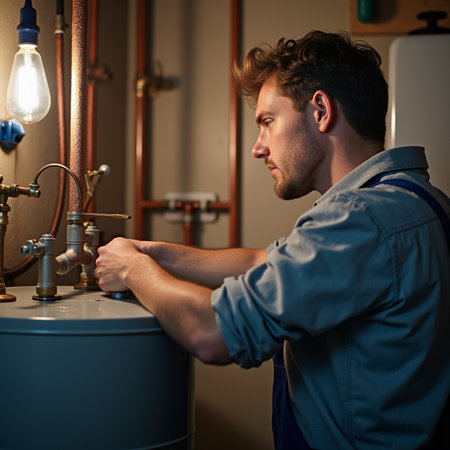 Plumber repairing a gas boiler in a boiler room at a factoryの素材