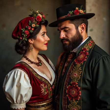 Portrait of beautiful young couple in traditional Ukrainian clothesの素材