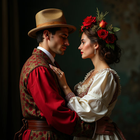 Portrait of beautiful young couple in medieval clothes. Retro style.の素材