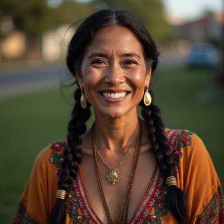Portrait of a smiling mature woman with braids in a parkの素材
