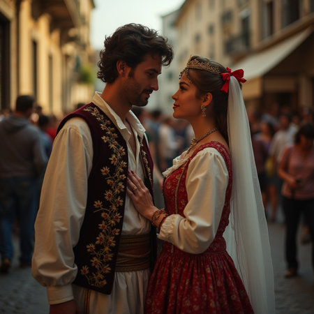 Young couple in medieval clothes walking on the street of the city.の素材