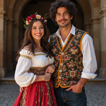 Young couple in traditional clothes in the old town of Lviv, Ukraineの素材