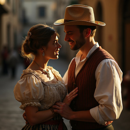 Beautiful couple in traditional clothes walking in the old town at sunsetの素材