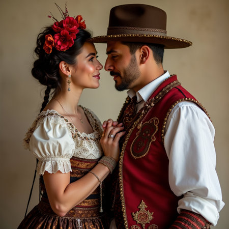 Beautiful young couple in traditional Bavarian clothes hugging each other.の素材