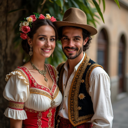 Portrait of a beautiful couple in traditional clothes in the old townの素材