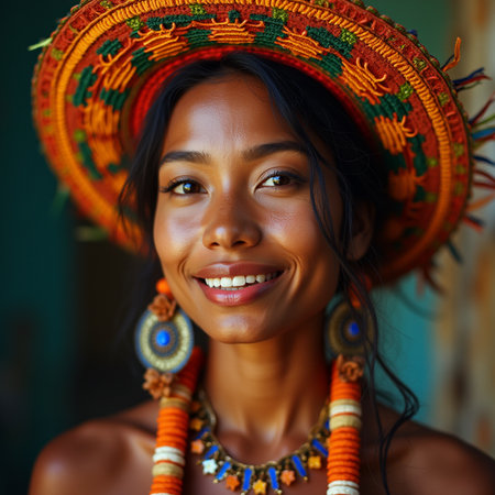 Portrait of a beautiful African American woman wearing a traditional hatの素材