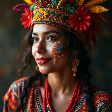 Portrait of a beautiful Indian woman in a headdress with flowersの素材