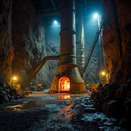 Interior view of a coal mine at night, with lights on.の素材
