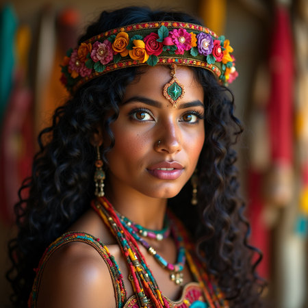 Portrait of a beautiful Indian woman in traditional dress and accessoriesの素材