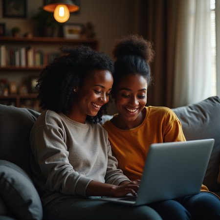 Two African American women using laptop while sitting on sofa at homeの素材
