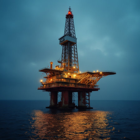 Oil and gas platform in the sea at night. Oil and gas industry.の素材
