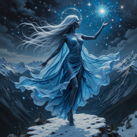 Fantasy scene with beautiful woman in blue dress, 3d illustrationの素材