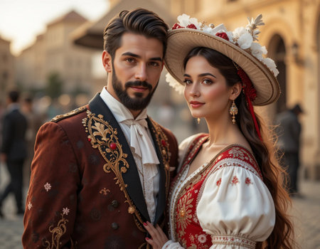 Handsome young man and beautiful woman in medieval costume posing on the streetの素材
