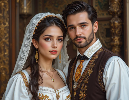 Portrait of a beautiful young couple in medieval clothes. Wedding photo.の素材