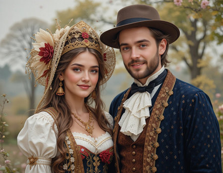 Young beautiful couple in traditional Russian clothes posing in the garden.の素材