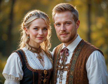 Beautiful young couple in traditional Bavarian clothes in the autumn parkの素材