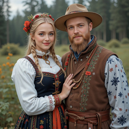 Portrait of a young couple in traditional clothes standing in the field.の素材
