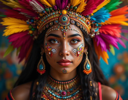 Portrait of a beautiful Indian woman wearing a colorful headdressの素材
