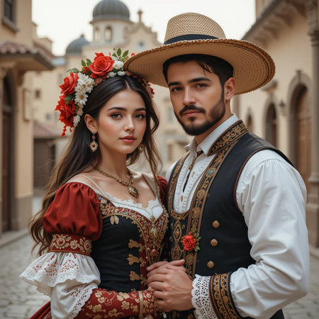 Couple in traditional costume on the street of the old city.の素材