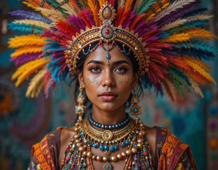 Portrait of a beautiful young African American woman wearing colorful headdress.の素材