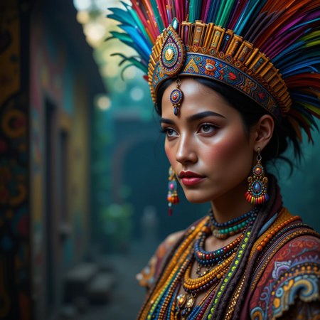 Portrait of a beautiful Asian woman with Indian headdressの素材