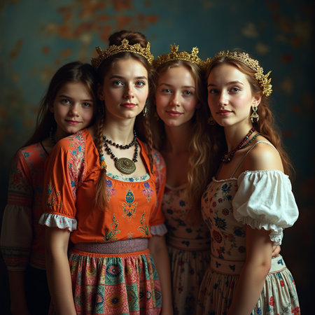 Portrait of three beautiful young women in Ukrainian national clothes. Studio shot.の素材