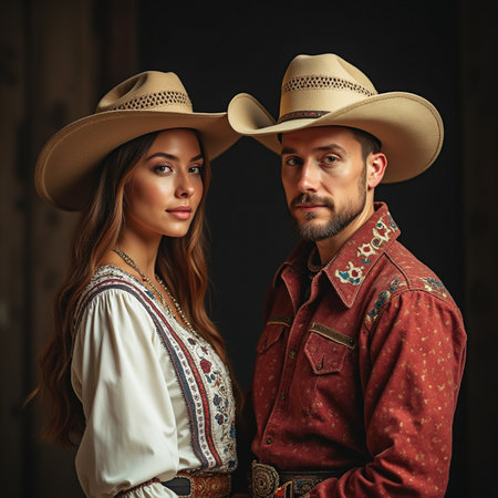Portrait of a beautiful young couple in cowboy hats. Cowboy fashion.の素材