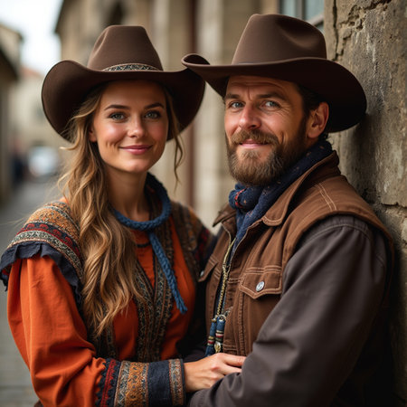Portrait of a beautiful young couple in cowboy hats smiling at cameraの素材