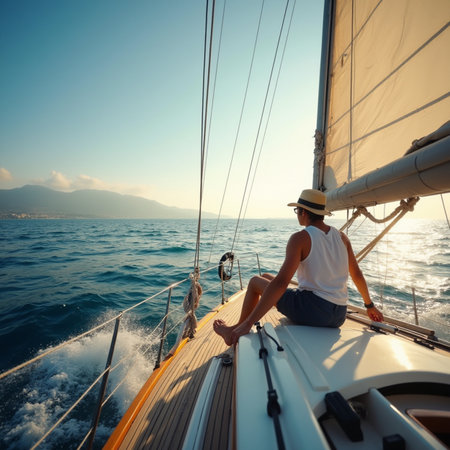 Man sitting on the deck of a sailing yacht on a sunny dayの素材