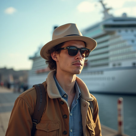 Handsome young man in a hat and sunglasses on the background of a cruise shipの素材