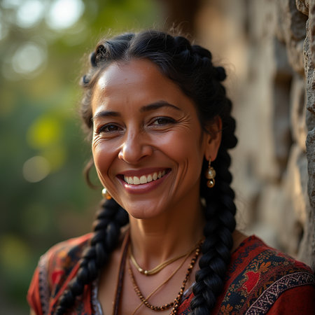 Portrait of a beautiful woman with braids in the countryside.の素材