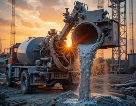 Pouring cement into a truck at the construction site at sunset.の素材