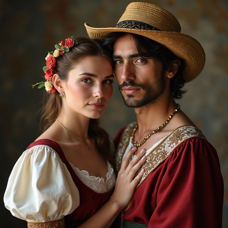 Portrait of a beautiful young couple in medieval clothes. Retro style.の素材