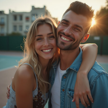 Portrait of a beautiful young couple embracing and smiling while standing outdoorsの素材