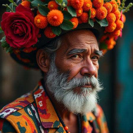 Portrait of a sad old man with a wreath of flowersの素材