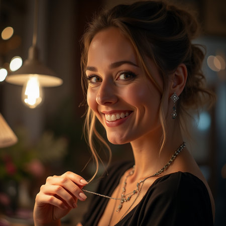 Portrait of a beautiful young woman in evening dress posing in a cafe.の素材