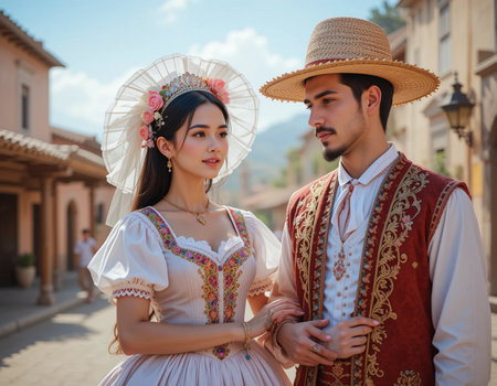 couple in traditional clothes walking in the streets of the old townの素材