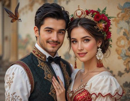 Beautiful bride and groom in traditional wedding dress posing in the castleの素材